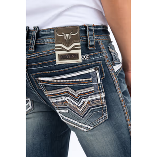 Platini men's Holt western jeans featuring intricate chevron embroidered back pockets, contrasting triple stitching and signature Platini waistband logo.