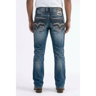 Platini men's Holt slim bootcut jeans in medium blue wash featuring studded embroidered back pockets, chevron patterns and signature waistband branding.