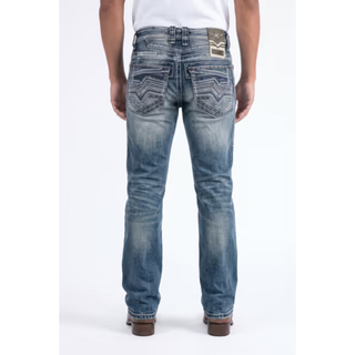 Platini men's Holt black bootcut jeans featuring rhinestone accents, geometric embroidered back pockets, chevron stitching and signature waistband branding.