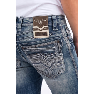 Shop Platini Men’s Holt Slim Bootcut Jeans in black, featuring rhinestone accents, embroidered back pockets and bold western styling for cowboy boots.
