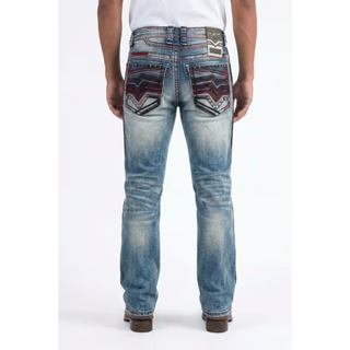 Platini men's Holt western jeans featuring intricate chevron embroidered back pockets, contrasting triple stitching and signature Platini waistband logo.