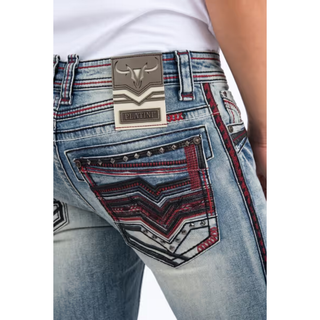 Platini men's Holt western jeans featuring intricate chevron embroidered back pockets, contrasting triple stitching and signature Platini waistband logo.