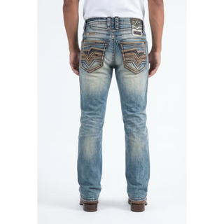 Platini men's Holt slim bootcut jeans in light blue wash featuring intricate chevron embroidered back pockets, contrasting triple stitching and signature Platini waistband branding.