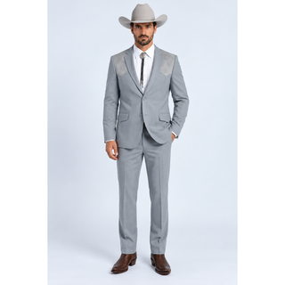 Platini Men's Western Suit with Suede Yoke gray two-piece suit with suede lapels.