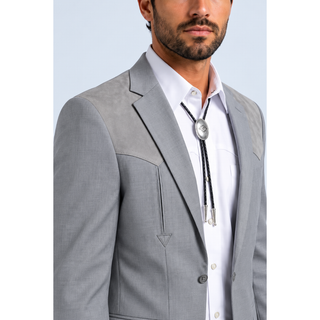 Platini Men's Western Suit with Suede Yoke gray two-piece suit with suede lapels. close up image of lapel