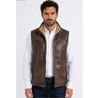 Platini men's distressed brown western zip-up vest with tan sherpa-style collar, leather-look exterior, chest seam detailing and side pockets