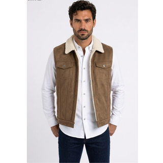 Platini men's brown faux suede-look western vest with cream sherpa-style collar, snap-front closure, dual chest pockets and western seam detailing