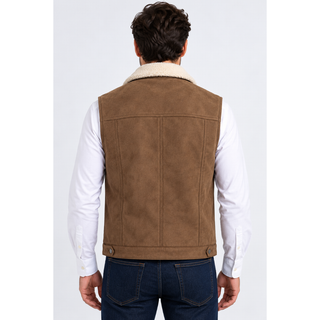 Platini men's brown faux suede-look western vest with cream sherpa-style collar, snap-front closure, dual chest pockets and western seam detailing back image