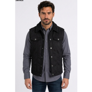 Platini men's black faux suede-look western vest with cream sherpa-style collar, snap-front closure, dual chest pockets and western seam detailing