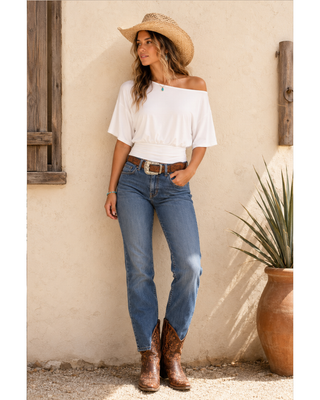 Off-shoulder Ruched Waist Knit Top - Ivory