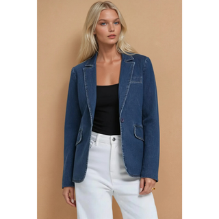 classic blue denim blazer styled in modern western chic fashion