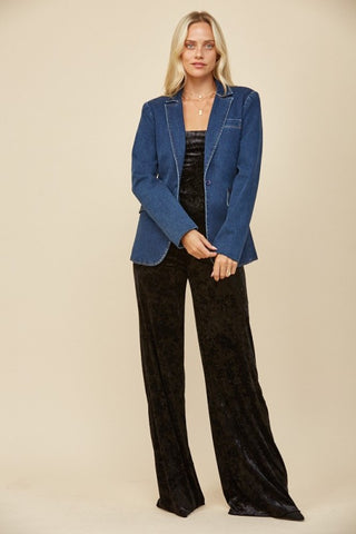 classic blue denim blazer styled in modern western chic fashion