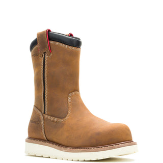 Brown work boot with a white sole on a white background