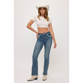 Women's Westfield Eagle stretch bootcut jeans featuring a high-rise fit and medium wash denim.