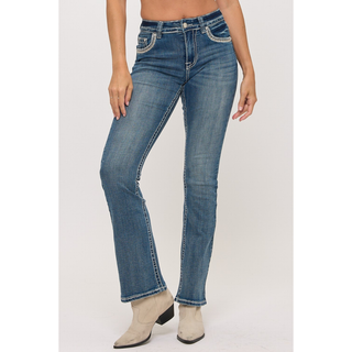 Close-up front view of Westfield Eagle high-waisted bootcut jeans showing fading, whiskering, and jewel button.