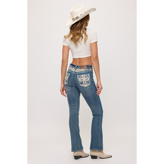 Back view of Westfield Eagle bootcut jeans with embroidered rhinestone cross back pockets and embroidered yoke.