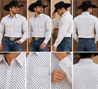Lamasini Men's White Geometric Print Long Sleeve Western Shirt