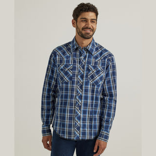 Wrangler Men's Long Sleeve Western Snap Plaid Shirt- Berry Blue