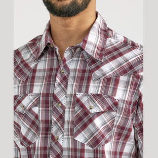 Wrangler Men's Long Sleeve Western Snap Plaid Shirt- Garnet Madras