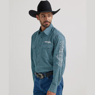 Men's Wrangler Logo Long Sleeve Western Snap Shirt- Blue Diamonds