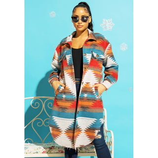 Long Aztec Button Down Jacket- Rust/ Turquoise
