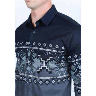 Platini Men's Panoramic Aztec Print Western Shirt - Navy