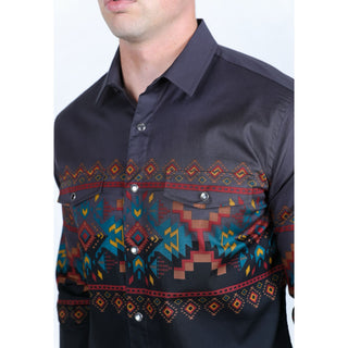 Platini Men's Panoramic Aztec Print Western Shirt - Black