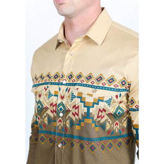 Platini Men's Panoramic Aztec Print Western Shirt - Brown