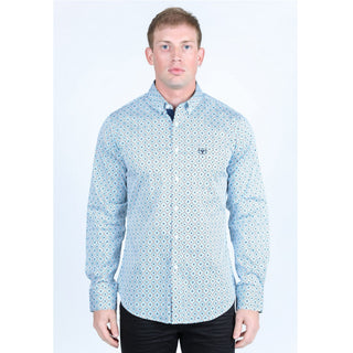 Platini men’s white and blue geometric print satin cotton spandex long sleeve Western shirt