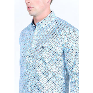 Platini men’s white and blue geometric print satin cotton spandex long sleeve Western shirt