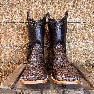 Artillero Tooled Print Square Toe Cowboy Boot- Brown