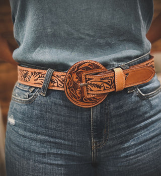 Tooled Leather Floral Belt - Natural