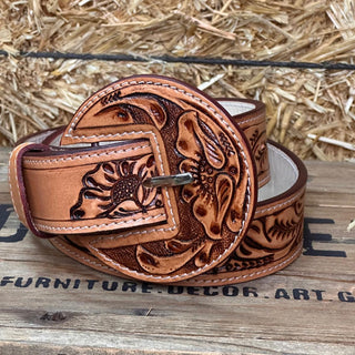 Tooled Leather Floral Belt - Natural