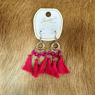 Beaded and Tassel Earrings - Fuchsia