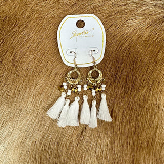 Beaded and Tassel Earrings - White