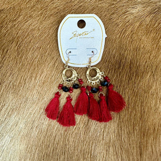 Beaded and Tassel Earrings - Red