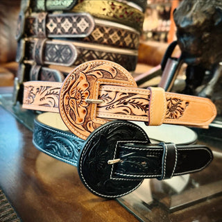 Tooled Leather Floral Belt - Natural