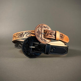 Tooled Leather Floral Belt - Natural