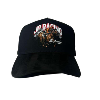 Black cap with racing design on a white background