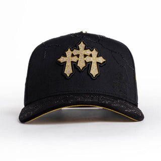 Triple Gold Cross Rhinestone Snapback Hat – Black & Gold Edition