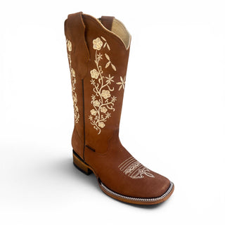 Mexcal Nubuck Floral Embroidered Square Toe Cowgirl Boots - Honey