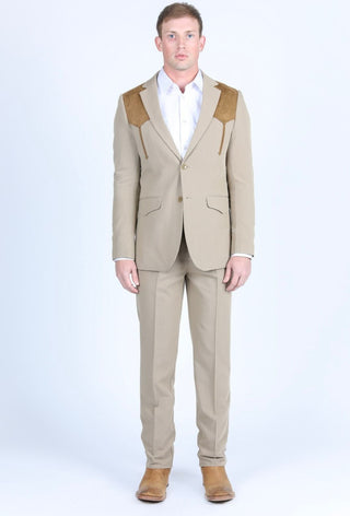 Platini Men's Western Suit with Suede Yokes and Elbow Patches - Khaki