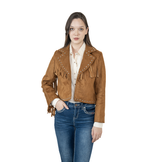 Woman wearing The American West tan suede fringe jacket – western cowgirl style