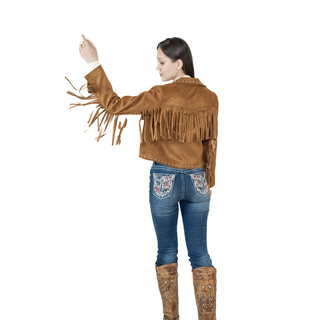 Woman wearing The American West tan suede fringe jacket – western cowgirl style