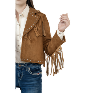 Woman wearing The American West tan suede fringe jacket – western cowgirl style