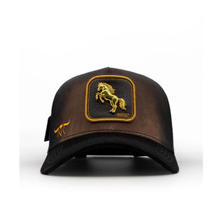 King Ranch black snapback hat with gold horse emblem patch and curved brim