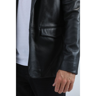 close-up of genuine leather coat pocket and texture detail