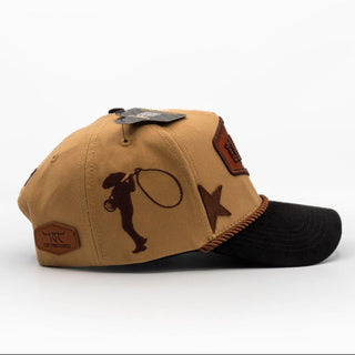 Side view of western ranch snapback hat featuring embroidered cowboy silhouette and star detail