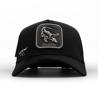 King Ranch black snapback hat with grey crocodile emblem patch and curved brim