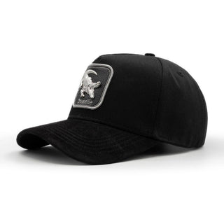 King Ranch black snapback hat with grey crocodile emblem patch and curved brim